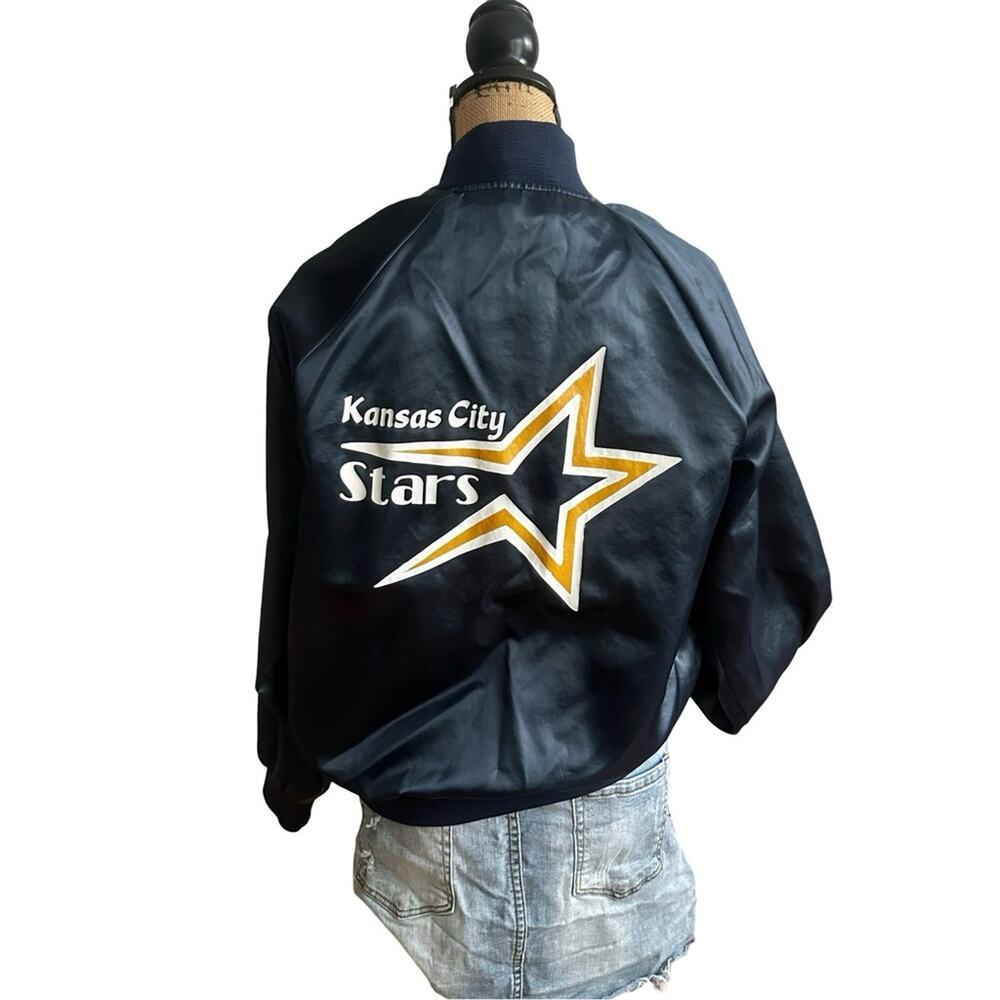 VINTAGE MADE IN USA - 80s NEMESIS SPORTSWEAR  men's Satin BLUE bomber jacket MED